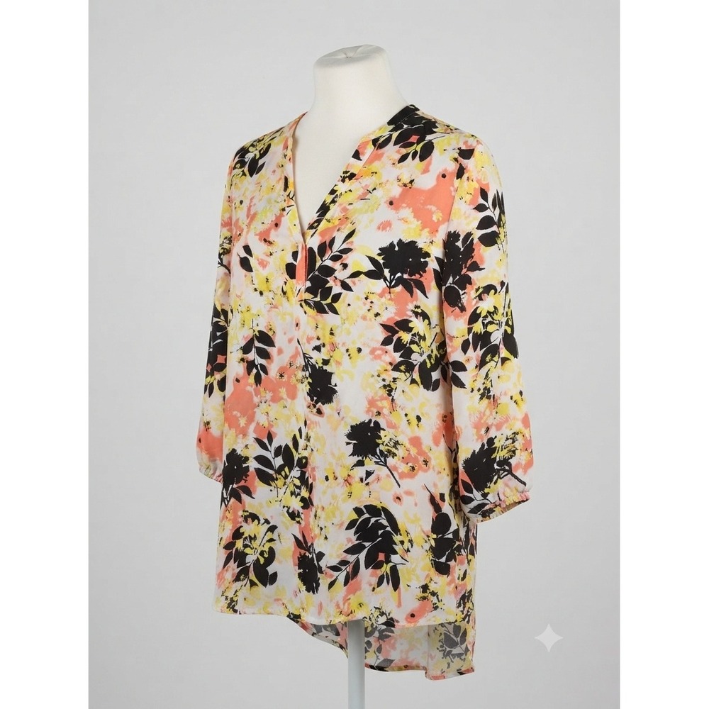 Boutique Floral Split Neck 3/4 Sleeve Tunic Blouse Yellow Peach Black 1X